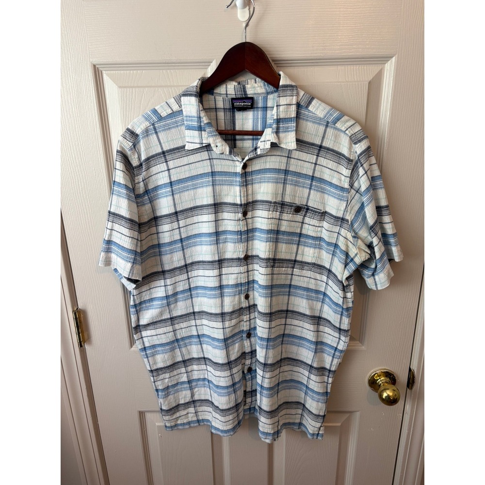 Patagonia Mens XL Organic Cotton Short Sleeve Plaid Button Down Shirt Blue White